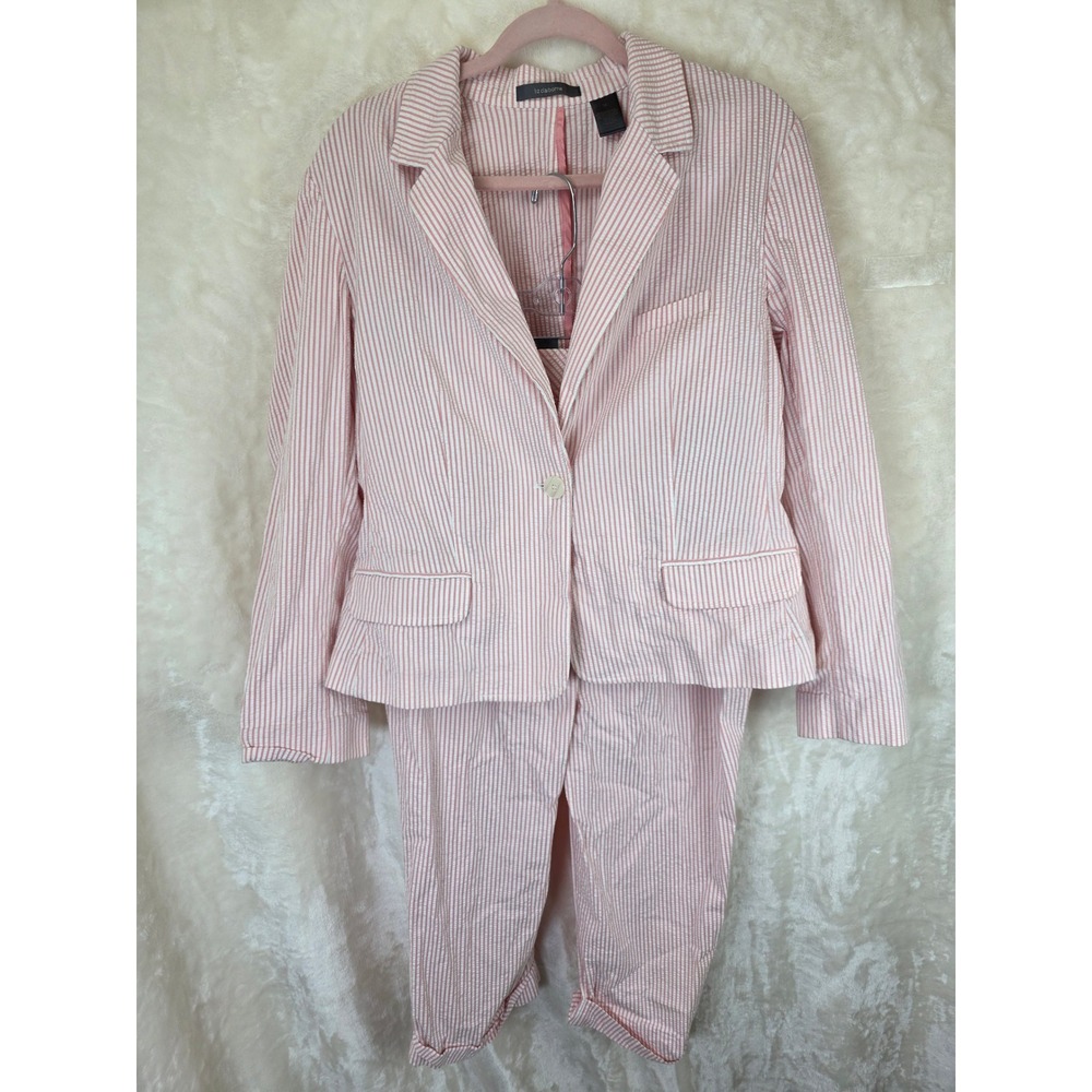 Liz Claiborne Audra Pink White Seersucker Pant‎ Suit Blazer Trousers Set